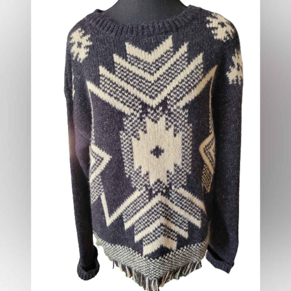 PRESS brand black and white sweater with bottom fringe, size Medium
